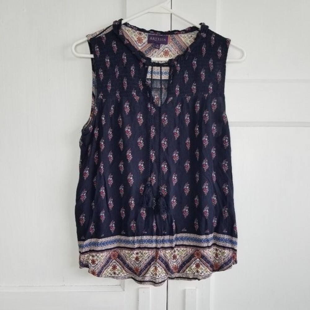 Artesia Blouse Women's Medium Multicolor V Neck with Tassels